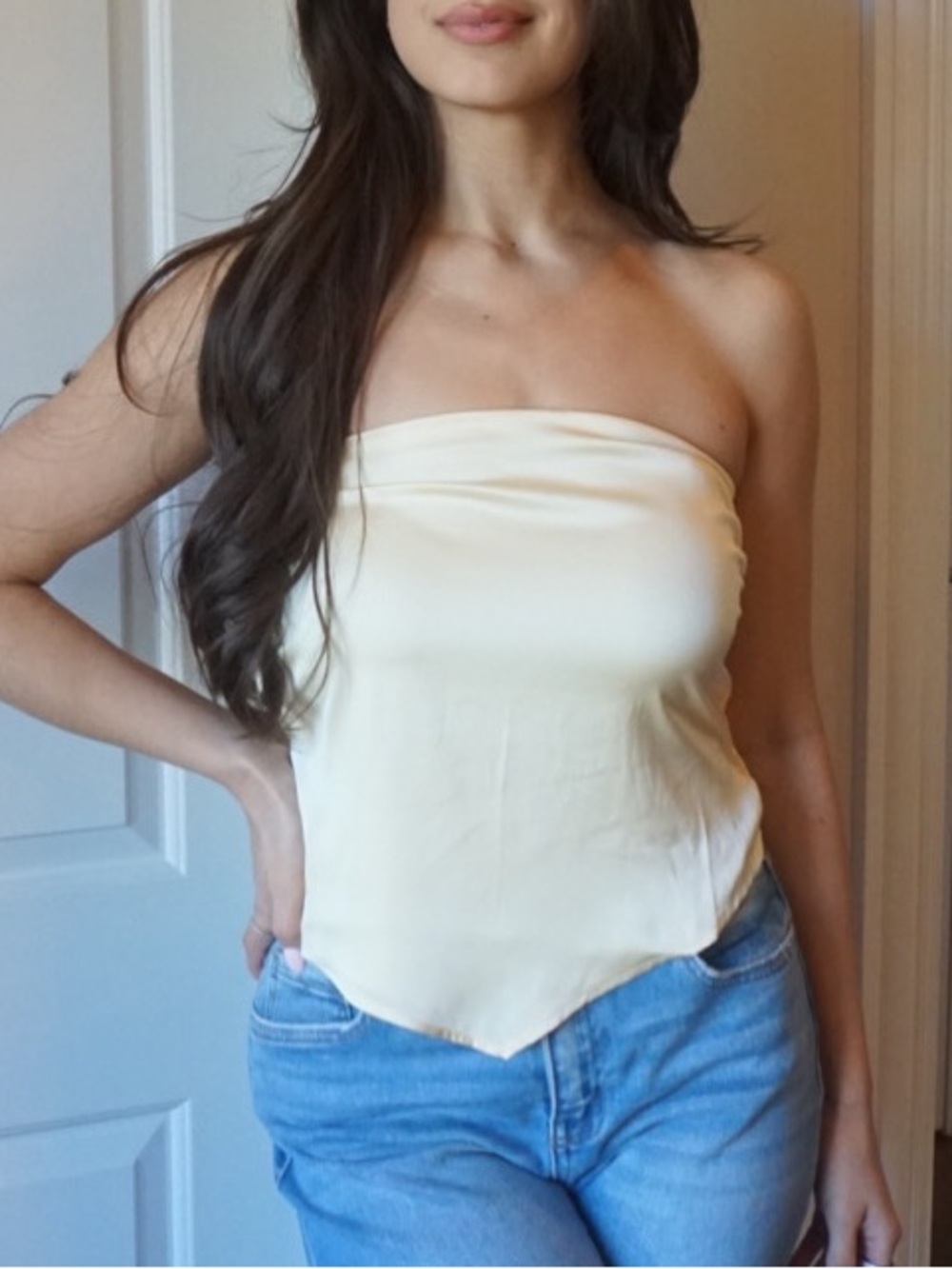 Strapless butter yellow Satin Bandana Top these three